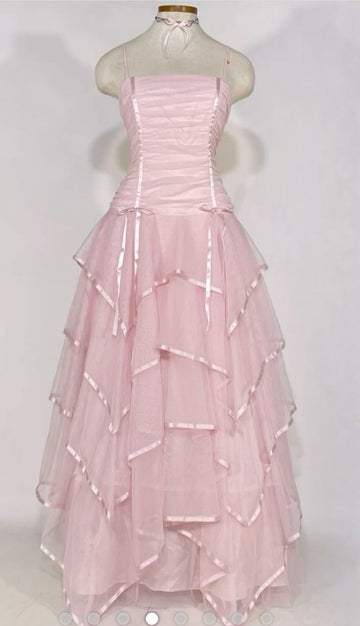 Pink Vintage A Line Spaghetti Straps Layered Tulle Prom Dress Party Dress HZ1023